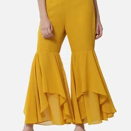 otira Women Flared Yellow Georgette Trousers-picture-1