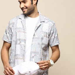 INVICTUS Club Slim Fit Ethnic Printed Cuban Collar Seersucker Weave Cotton Casual Shirt-image-4