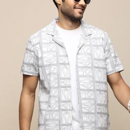 INVICTUS Club Slim Fit Geometric Printed Cuban Collar Cotton Seersucker Casual Shirt-picture-29