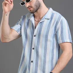 Moda Rapido blue Slim Fit Striped Short Sleeves Cotton Casual Shirt-image-4