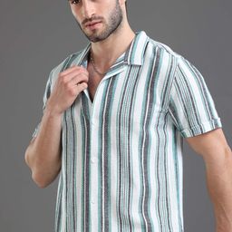 Moda Rapido White Slim Fit Striped Short Sleeves Cotton Casual Shirt-image-4