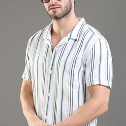 Moda Rapido white Slim Fit Striped Short Sleeves Cotton Casual Shirt-image-0