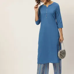 Anouk Women Blue & Cream-Coloured Straight Pure Cotton Kurta with Palazzos-picture-34