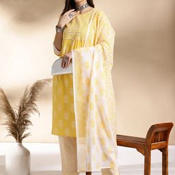 Anouk Yellow Floral Printed Straight Pure Cotton Kurta with Trousers & Dupatta-picture-43