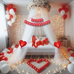 Solid Happy Anniversary Decoration Kit With White Net & Led Light & Balloon-10
