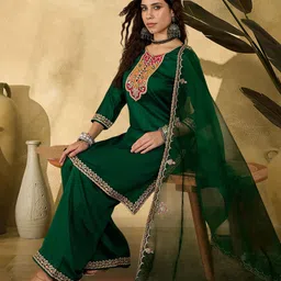 SheWill Green Vichitra Zari Sequence Thread Cording Work Kurta Palazzo Dupatta Embroidered Kurta, Palazzo & Dupatta Set-picture-11