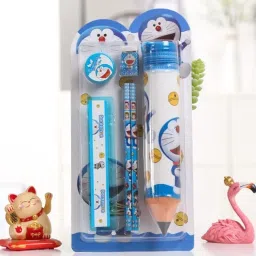 Set of 1 Pencil shaped box, 2 pencils, 1Sharpener, Eraser & Ruler Random Designs Pencil-18