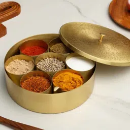 dudki Handicrafted Mandala Brass 7 small continer with 1 Spoon Spice Box-picture-22