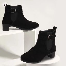 Flared Heel High Ankle Suede Leather Classic Winter Buckle Strap Chelsea Boots For Women-image-47