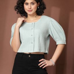 Women Regular Fit Self Design Collarless Collar Casual Shirt-18