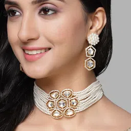 KARATCART Gold-Plated Polki Kundan-Studded & Beaded Jewellery Set-55