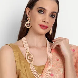 ROHINIKA Gold-Plated Peach-Colored & White Kundan-Dangle Jewelry Set-image-77