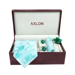 AXLON Men Printed Tie Set With Pocket Square, Cufflink & Flower Pin image 3