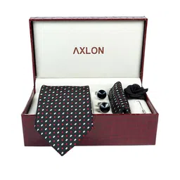 AXLON Men Woven Design Tie With Pocket Square, Cufflink & Flower Pin image 2