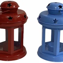lantern Maroon, Blue Iron, Glass Table Lantern-image-58