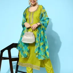 Sangria Round Neck Embroidered Straight Straight Kurta With Trousers & Dupatta-picture-35