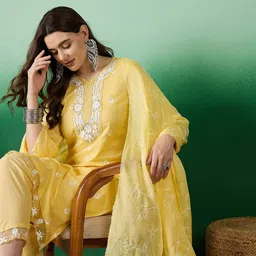 Sangria Lucknowi Handwork Embroidered Pure Cotton Kurta With Trousers & Dupatta-picture-47