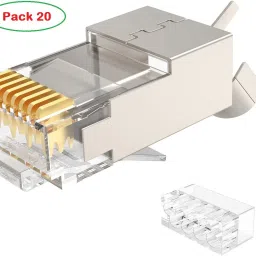 Tech-X RJ45 Cat7 & Cat6A Crimping Connectors plug - 20 Pcs, 50U Nickel Plated 3 Prong Shielded FTP/STP External Ground for 23 AWG (0.573mm) Network Cable, Metal Shielded, RJ45 8P8C Modular Plug,PACK-20 Lan Adapter-20