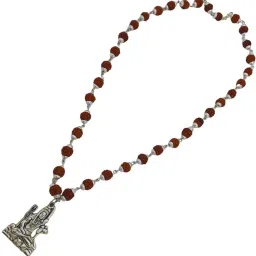 Most Demanded Shiv Trishul OM Dotted Locket Pendant With 5 Mukhi Rudraksha Mala Beads Silver Plated Brass, Wood Chain-image-2