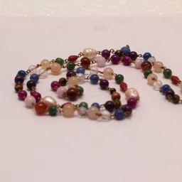Saravaksh 100% Natural And Original Navratna Mala With Lab Certificate Pearl, Cat's Eye, Crystal, Coral, Emerald, Sapphire, Tiger's Eye, Topaz, Ruby Silver Plated Silver Chain-image-1