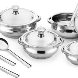 Stainless Steel Serving handi with lid | 4 Serving Spoon+ 4 Serving Bowl, Spoon Serving Set-1