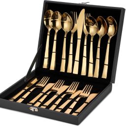 18 Pieces Golden Cutlery Gift Set with Leatherite Box Stainless Steel Cutlery Set-image-38