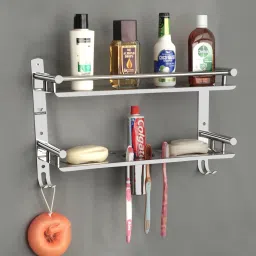 Multipurpose Bathroom & Double Dish&Tumbler&Soap&Tooth Brush Holder Stainless Steel Wall Shelf-image-62