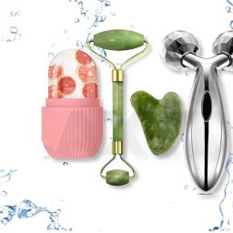 BAWALY Face Combo Massager 3D Roller Massager , Jade Roller Face&Gua Sha,Silicon Ice Roller for face Massager-2