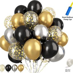 Solid Metallic 15 Gold , 15 Silver, 15 Black, 10 Confetti Balloons, 1 Pump, 1 Glue Dot Balloon-21