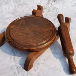pure source india Wooden Roti Chapati Maker Rolling Board 10 Inch Chakla with Fixed Belan Stand Rolling Pin & Board image 2