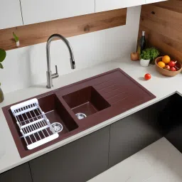 12mm Thick Quartz Double Bowl with Drainboard Kitchen Sink (45 x 20 x 9 Inches) Natural Choco Brown Granite Stone Matt Finish Double Bowl with Drainboard Sink Vessel Sink-image-96