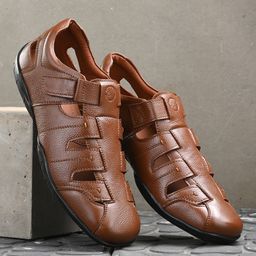 UNDERROUTE Men Tan Solid Leather Shoe-Style Sandals-image-114