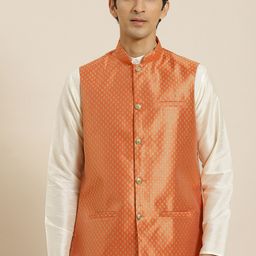 SOJANYA Men Orange & Golden Self Design Nehru Jacket-0
