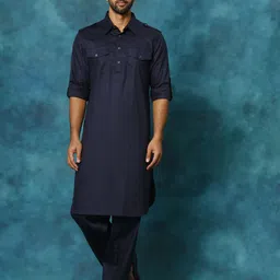 VASTRAMAY Men Blue Solid Pathani Kurta with Pyjamas-4
