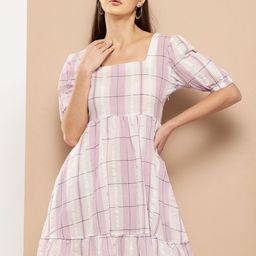 Chemistry Checked Puff Sleeve Fit & Flare Mini Dress-image-52