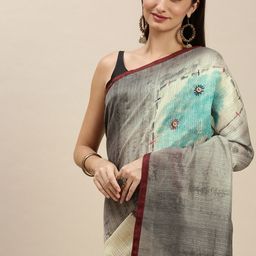 RACHNA Grey & Yellow Ethnic Motifs Linen Blend Saree-picture-42