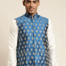 SOJANYA Men Blue Woven Design Jacquard Nehru Jacket-42