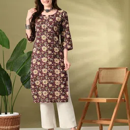 Lavantika Floral Printed Notch-Neck Cotton Straight Kurta-image-92