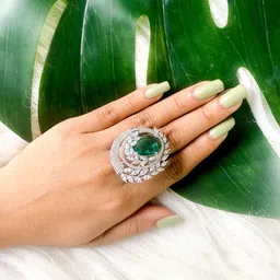 I Jewels Silver Plated CZ Studded Adjustable Finger Ring-17