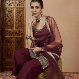 House of Pataudi Embroidered Kurta, Palazzo & Dupatta Set-picture-53