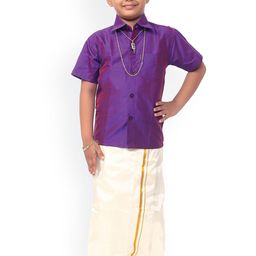 Thala-thalapathy Boys Purple & Off-White Solid Shirt and Veshti-image-100