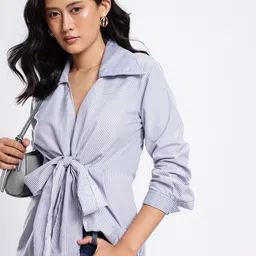 Stylecast X Hersheinbox Vertical Striped Tie-Ups Shirt Style Longline Top-image-11