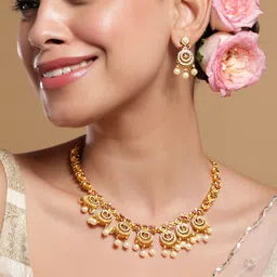 Rubans 22K Gold-Plated Ruby & Emerald Cubic Zicronia Stone Necklace Set with Pearl Drops-12