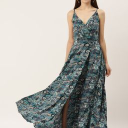 Deewa Beige & Blue Floral Crepe Maxi Dress-picture-10