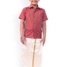 Thangamagan Boys Coral Red & Off- White Solid Shirt and Veshti-26
