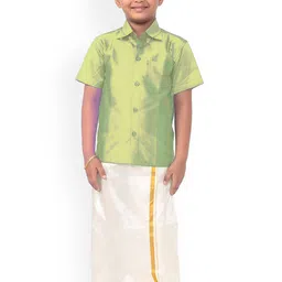 Thangamagan Boys Green & White Solid Shirt and Veshti-13