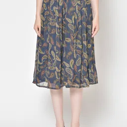 Cation Women Blue & Yellow Floral Printed Flared Skirt-picture-49