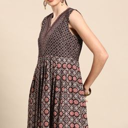 Anouk Coffee Brown & Beige Digital Ethnic Motifs Print Crepe Midi Fit & Flare Dress-picture-18