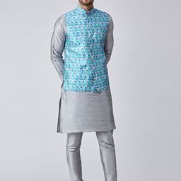 SOJANYA Men Grey & Blue Self Design Kurta with Churidar & Nehru Jacket-30
