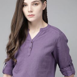 The Roadster Lifestyle Co Purple Cotton Linen Solid Mandarin Collar Top-image-30